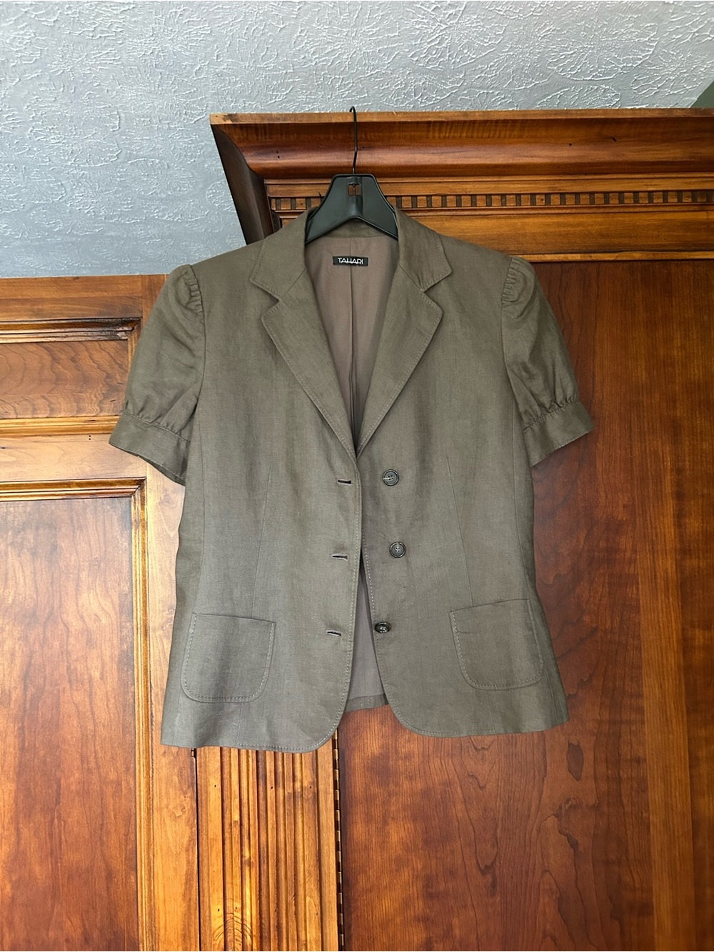 Tahari Olive/Brown Java(Neutral)Short-Sleeve Notch-Lapel Stitching Design Blazer - Picture 14 of 16